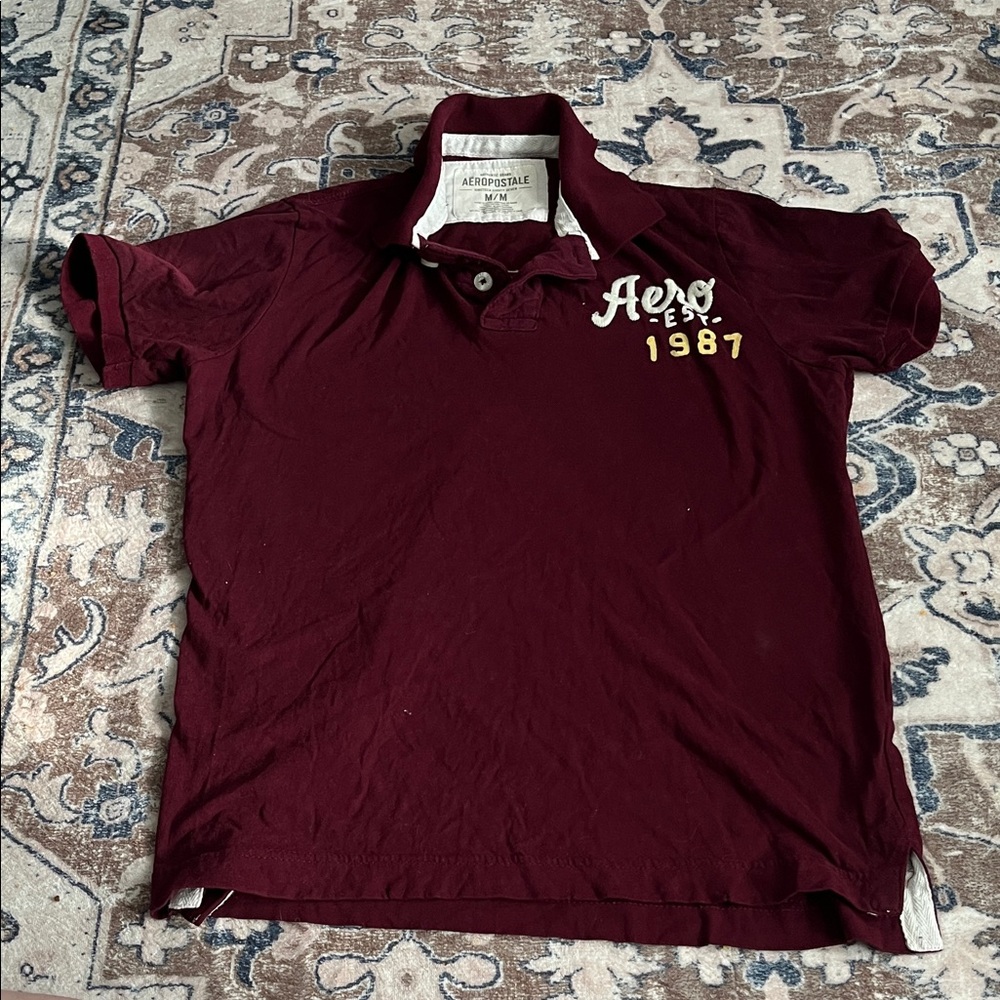 Aeropostale Men's Maroon Polo with Yellow Accents